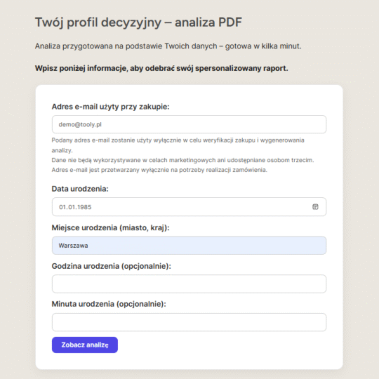 Wpisujesz e-mail z zakupu oraz podstawowe dane. To wszystko.